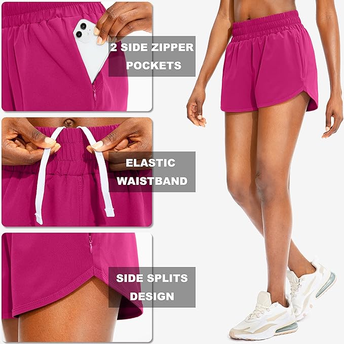 SANTINY Women's Running Shorts with Zip Pockets High Waisted Athletic Workout Gym Shorts for Women with Liner
