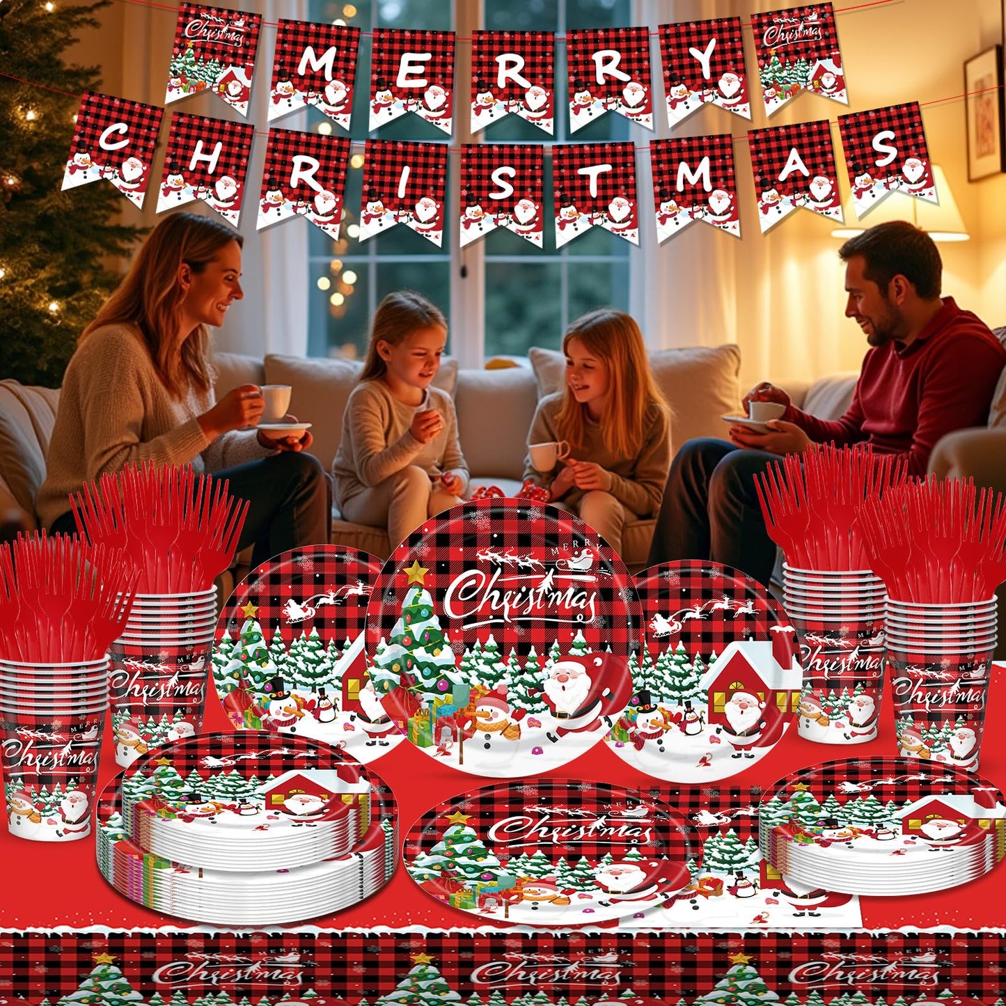 AWLZJZQA 122 PCS Christmas Party Supplies Serve 24 Guests Merry Christmas Plates and Napkins Party Decorations Disposable Dinnerware Decor Snowman Santa Claus Red Grid