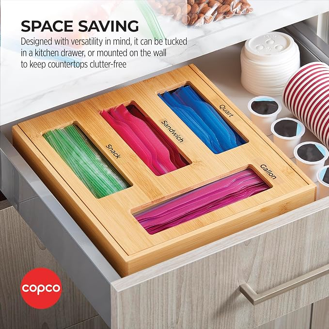 Copco Bamboo Storage Bag Organizer with Labels - 4-Compartment Kitchen Drawer or Wall Mount Holder for Gallon, Quart, Sandwich and Snack Bags, 13 x 12 x 3 Inches