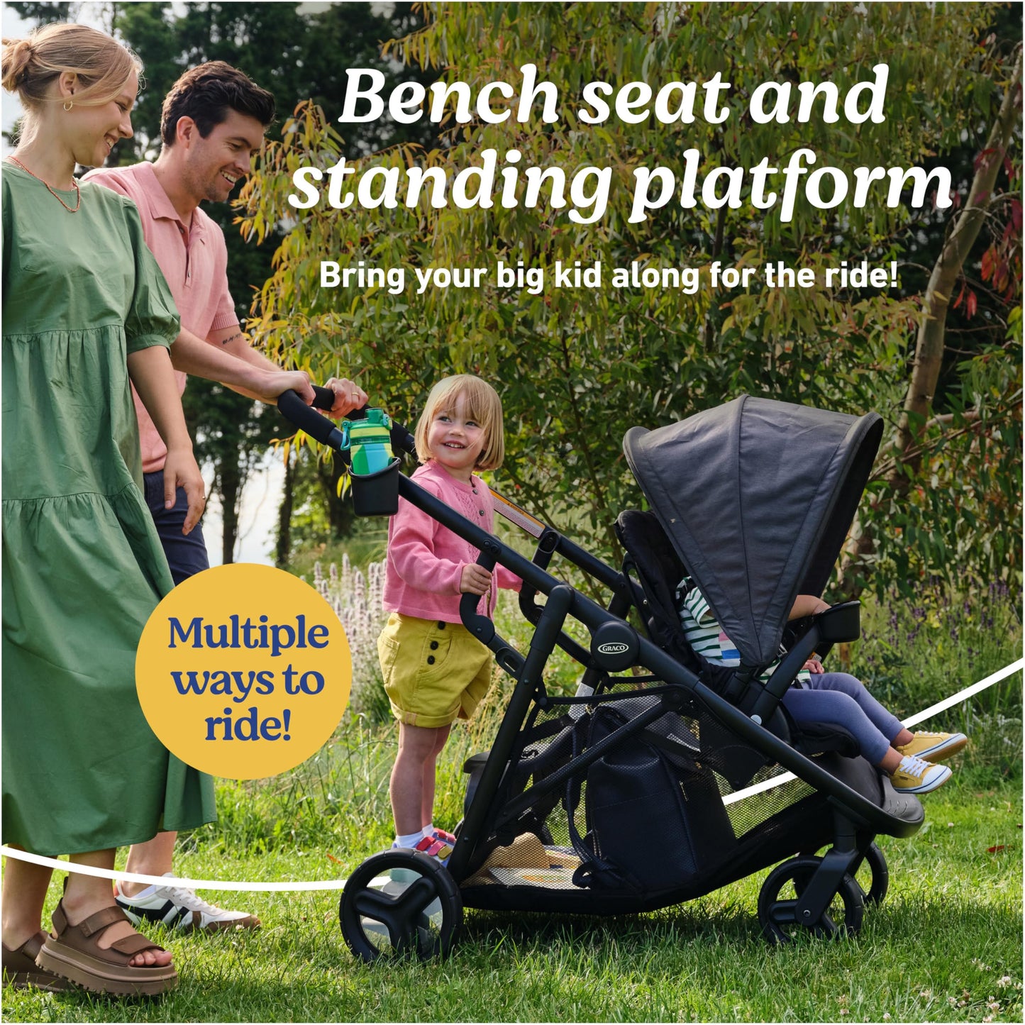 Graco Ready2Grow LX 2.0 Double Stroller, Twin Baby Stroller Features Bench Seat and Standing Platform Options, Compact Fold Perfect for Baby Travel, Clark