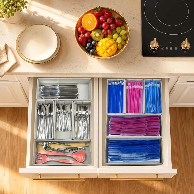 Drawer Organizer, 5-Piece Rigid Fabric Bins for Kitchen | Ideal for kitchen, bathroom, cosmetics, utensils, silverware, and gallon, quart, sandwich & snack bags