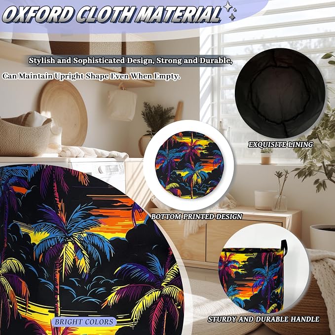Colorful Palm Tree Laundry Basket Foldable Oxford Cloth Hawaii Laundry Hamper With Handle Portable Clothes Storage Organizer Basket 18.9"x16.5" Storage Bag For Laundry Room/Bathroom/Bedroom