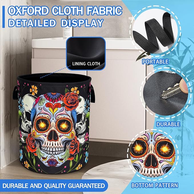 Sugar Skull Laundry Basket Skeleton Print Oxford Cloth Laundry Hamper With Handle Foldable Portable Clothes Storage Basket 18.9 X 16.5 In Storage Bag For Laundry Room/Bathroom/Bedroom/Dormitories