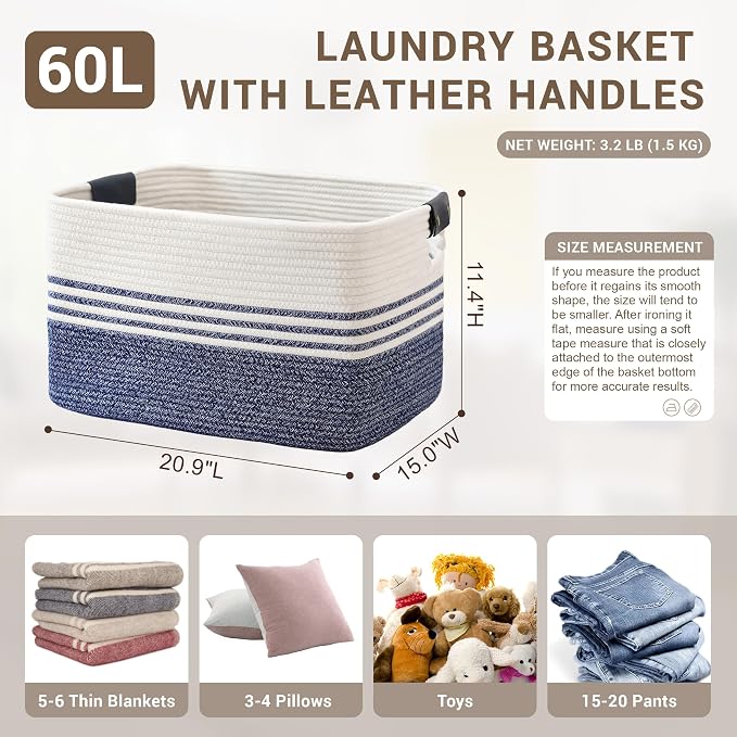 60L Large Laundry Basket with Leather Handles for Living Room Storage, Woven Rope Baskets Bin for Blanket, Kids Toy, Gifts, Wicker Hamper for Bedroom Dirty Clothes, 21"x15"x11" Denim Blue