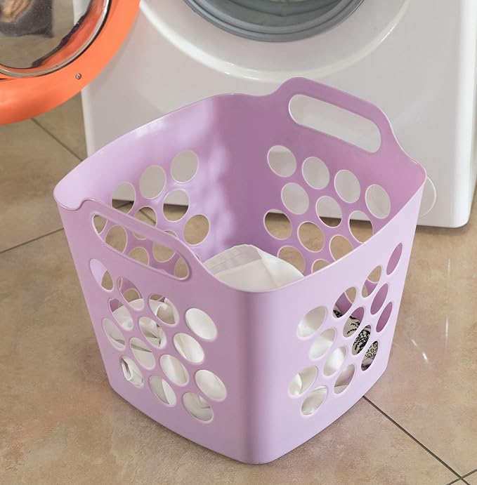 Flexible Plastic Carry Laundry Basket Holder Square Storage Hamper with Side Handles, Purple Set of 3