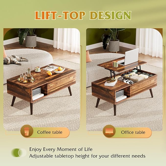 WLIVE Coffee Table with Storage & Lifting Top for Living Room, 21" Small Lift Top for Small Space Apartment, 31" Wooden Multifunctional Coffee & Dining Center Table for Home Office Work, Rustic Brown