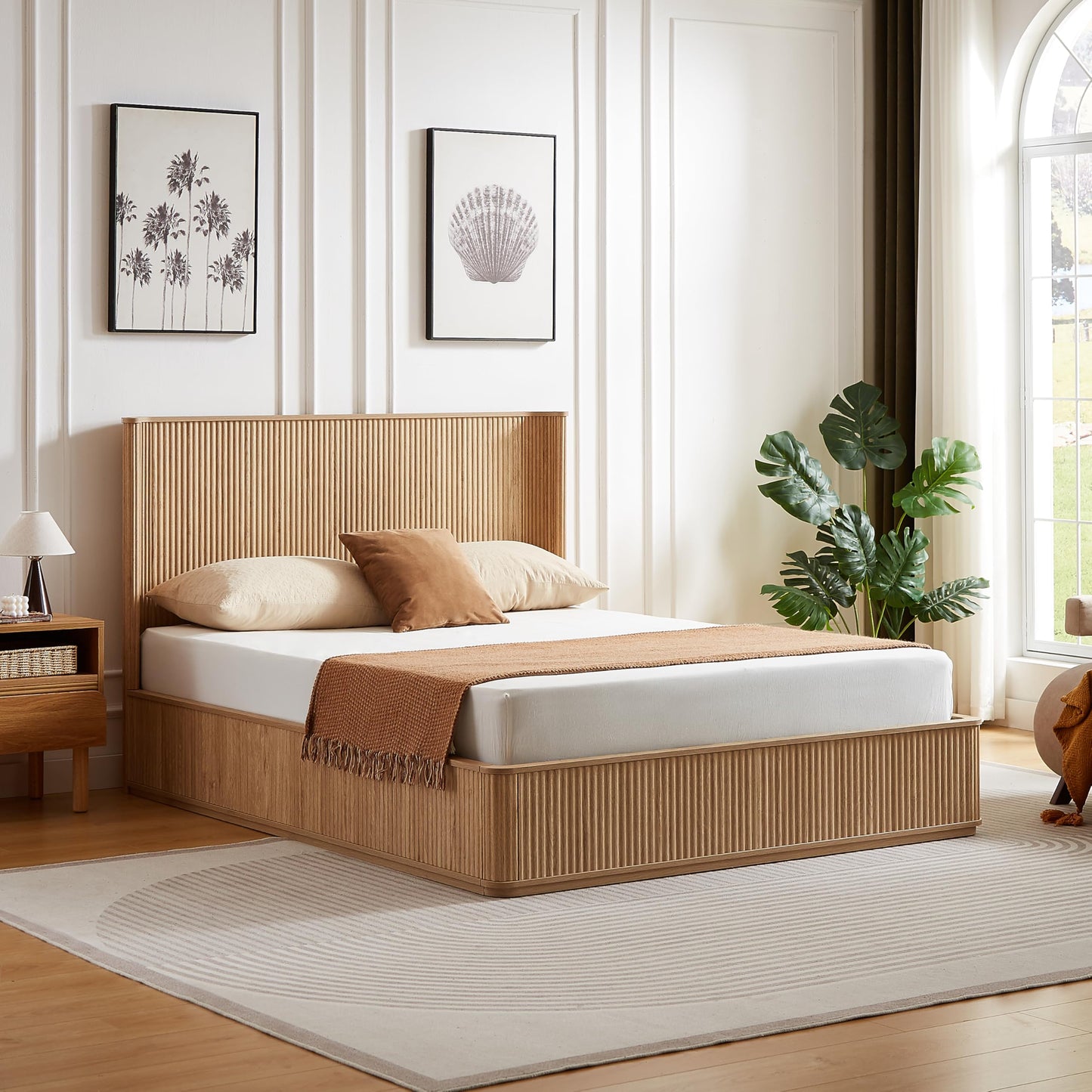 KEIKI Queen Bed Frame with 44" Tall Fluted Headboard, Natural Oak Platform Bed Frame, Modern Wood Bed Frame with Solid Slats, No Box Spring Needed, Noise-Free, Easy Assembly