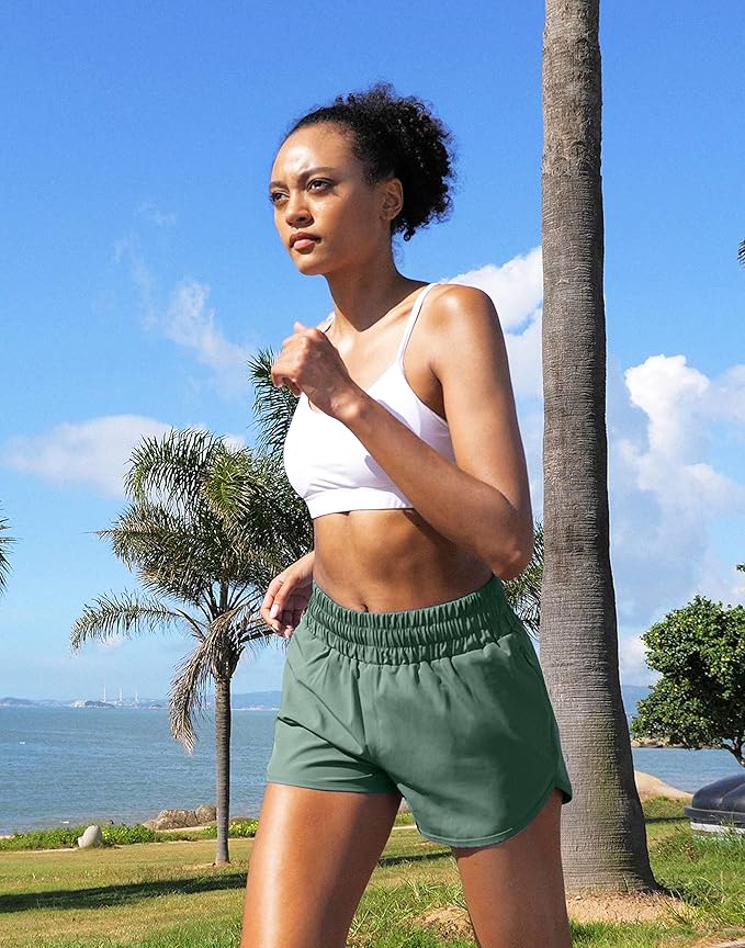 SANTINY Women's Running Shorts with Zip Pockets High Waisted Athletic Workout Gym Shorts for Women with Liner