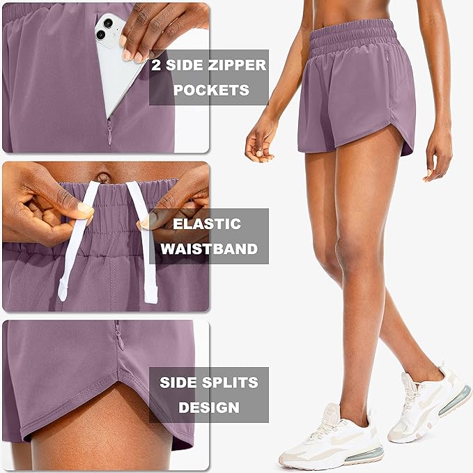 SANTINY Women's Running Shorts with Zip Pockets High Waisted Athletic Workout Gym Shorts for Women with Liner