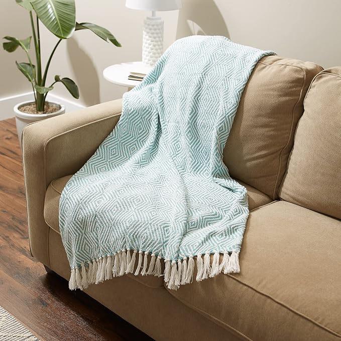 DII Diamond Throw Collection Woven Cotton, 50x60, Aqua