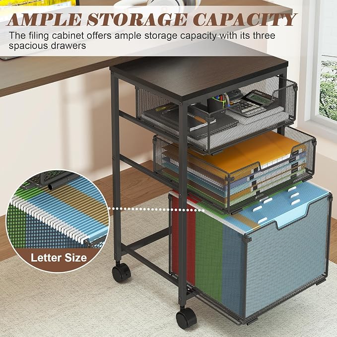 Sbanmao Rolling File Cart with 3 Drawers, Filing Cabinet, Hanging Folder Holder Organizer with Wheels, Under Desk Storage Utility Cart, File Cabinet Printer Stand for Home Office, Black