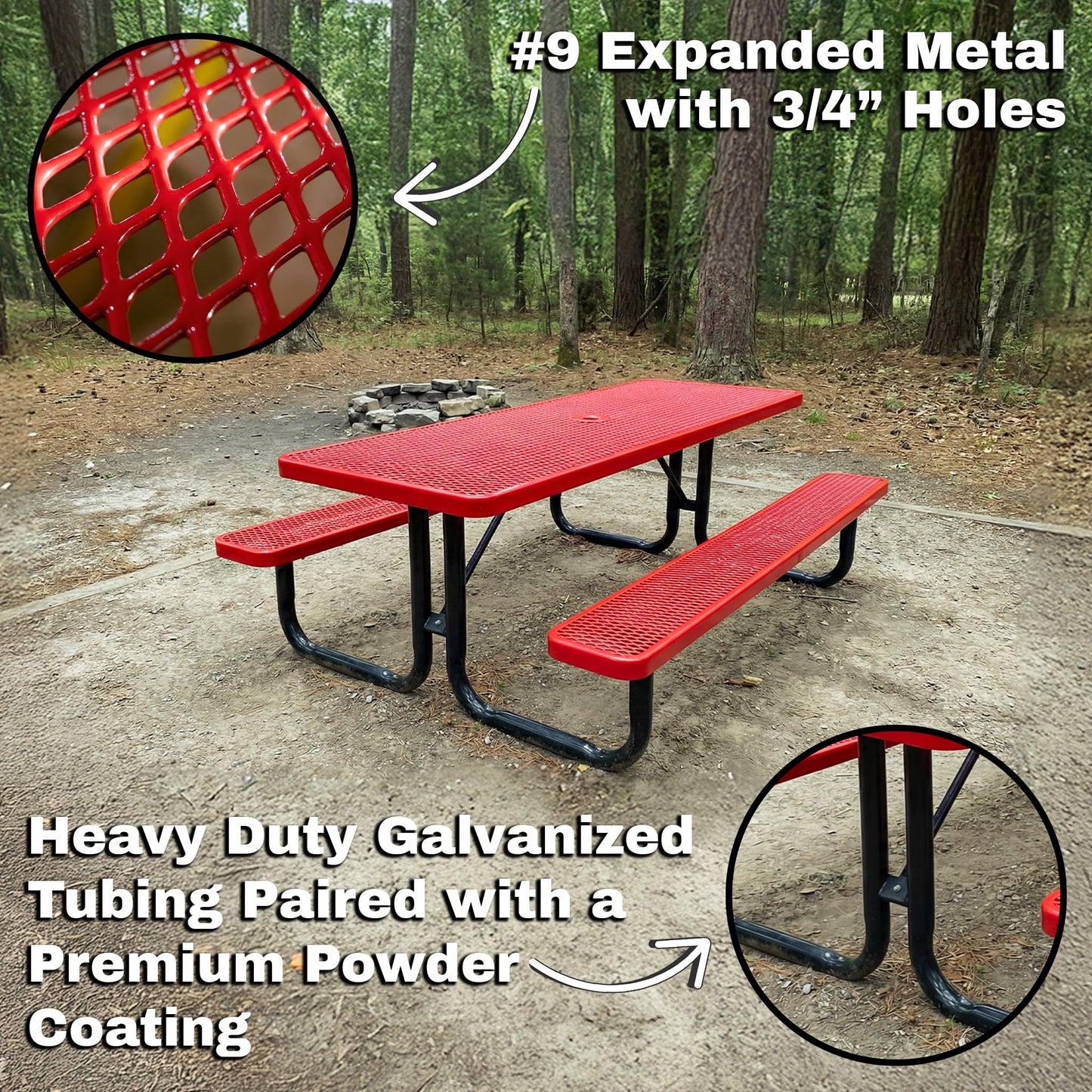 6' Rectangular Heavy-Duty Expanded Metal Red Picnic Table