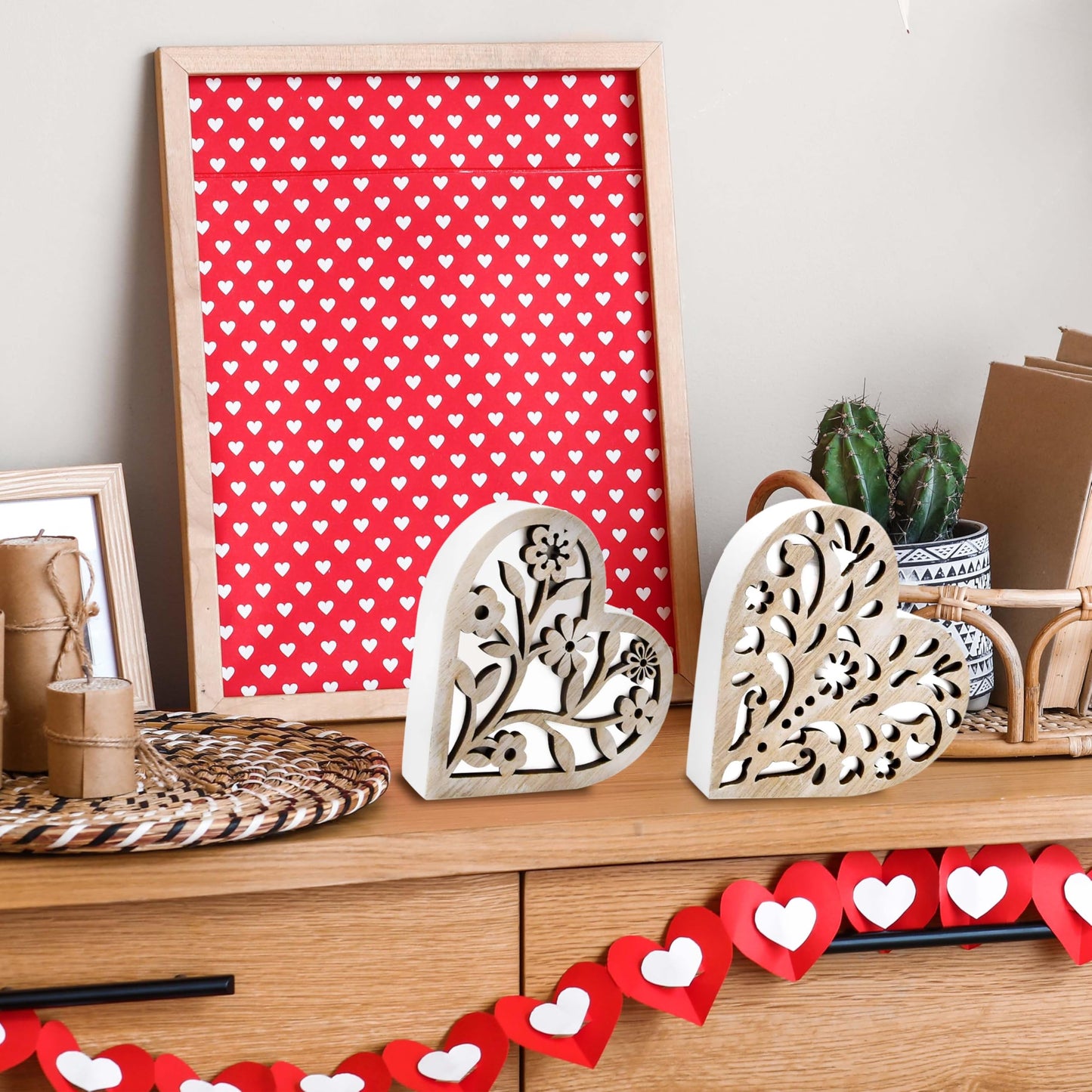 Gift Boutique Valentines Day Wooden Heart Blocks Set of 2 Rustic Carved Wood Hearts Love Sign Centerpiece Home Tiered Tray Table Decor Couple Gifts