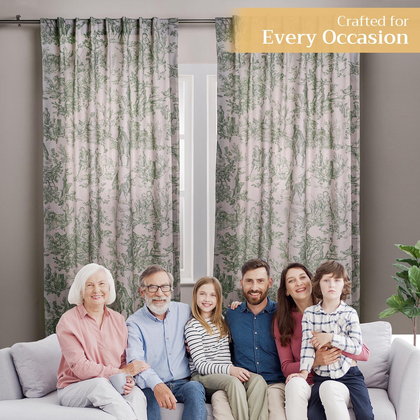 Maison d' Hermine Curtains for living room 100% Cotton 124 inch length Two Panels Light Filtering Toile Curtains for Bedroom Windows with rod and loop Pockets (The Miller Antique Green, 50"W x 124"L)