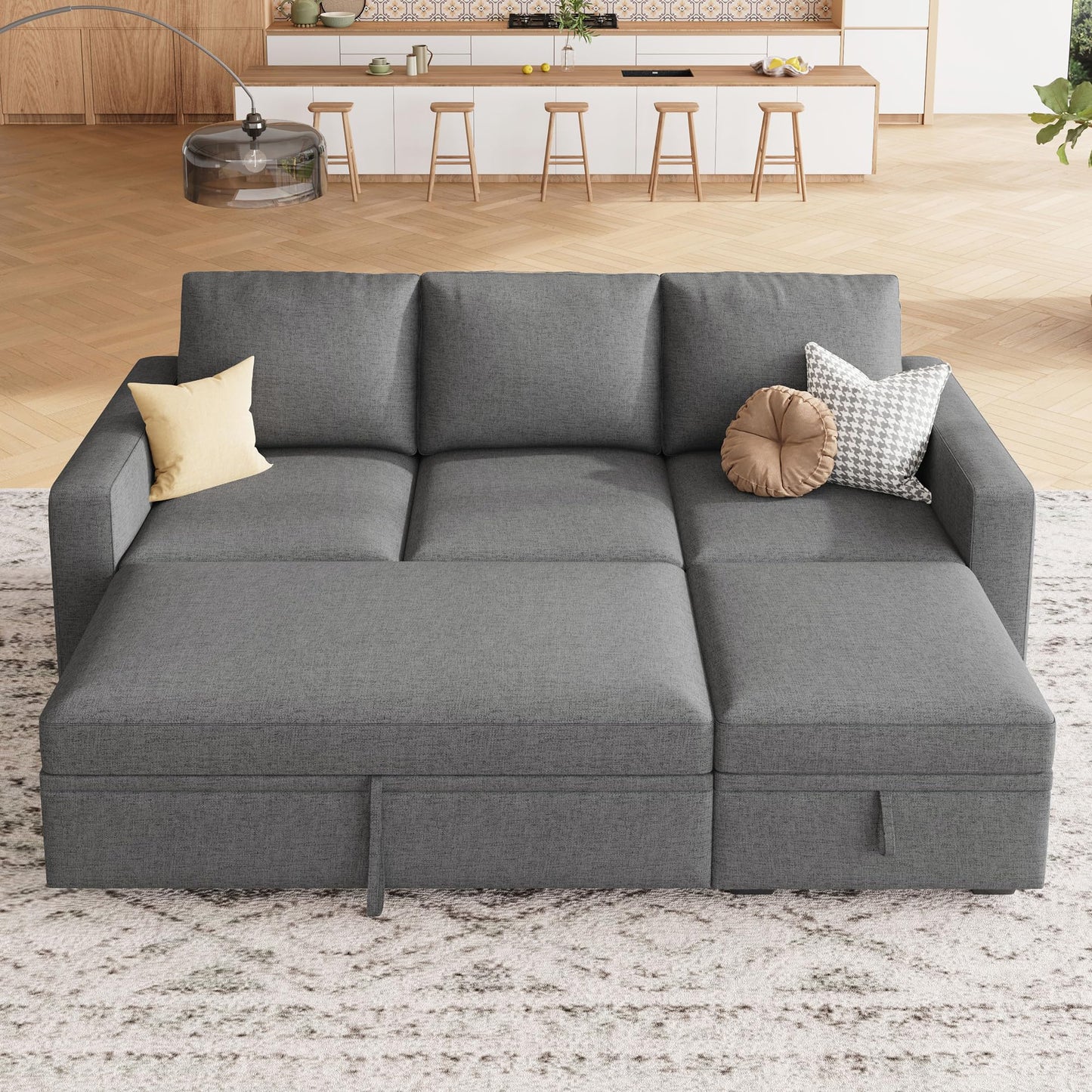 HONBAY Modular Sectional Sleeper Sofa with Pull Out Bed, L Shaped Couch with Storage Seat, Modular Sectional Couches for Living Room - Dark Grey
