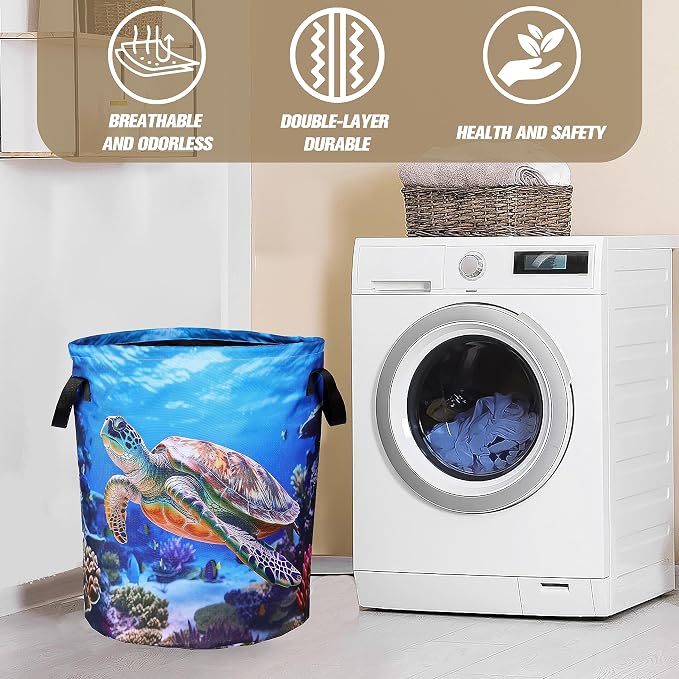 Sea Turtle Laundry Basket Animal Foldable Oxford Cloth Funny Tote Bag Laundry Hamper Clothes Storage Bucket Organizer For Bathroom/Laundry Storage/Bedroom 18.9x16.5 Inch