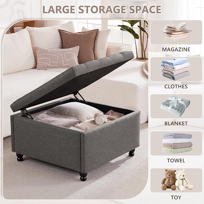 Weture 30 Inch Large Square Storage Ottoman Coffee Table, Oversized Square Ottoman with Storage, Tufted Upholstered Coffee Tables for Living Room (Fabric, Dark Grey)