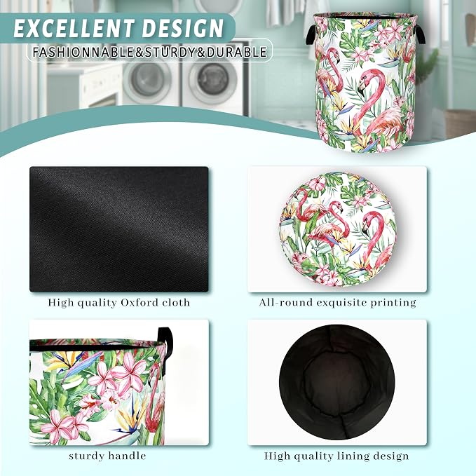 Pink Flamingo Laundry Basket Tropical Leaves Pink Floral Hamper Foldable Oxford Cloth Birds Colorful Tote Bag Clothes Toy Storage Bucket For Bathroom/Laundry Storage/Bedroom 18.9 x 16.5 Inch