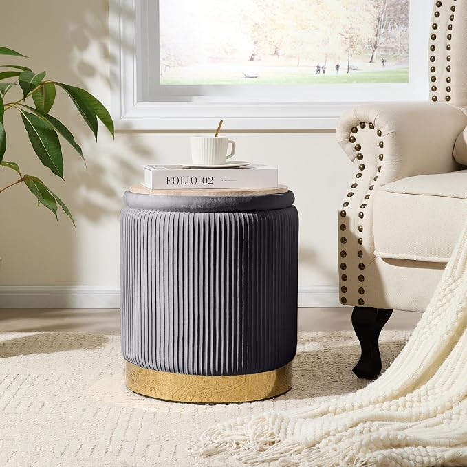 Royal Windsor Round Ottoman with Storage Set of 2, Vanity Stool with Storage for Bedroom, Ottoman Coffee Table Gold-Tone Ring Around the Base, Small Velvet Foot Stool for Living Room, Grey