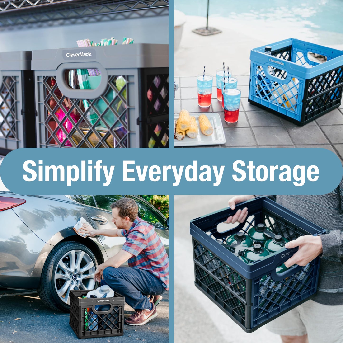 CleverMade Collapsible Milk Crate 25L (6.6 Gal), 50 lb Capacity Heavy Duty Folding Crate – Stackable Storage Crates with File Rails, Plastic Collapsible Crates - Red