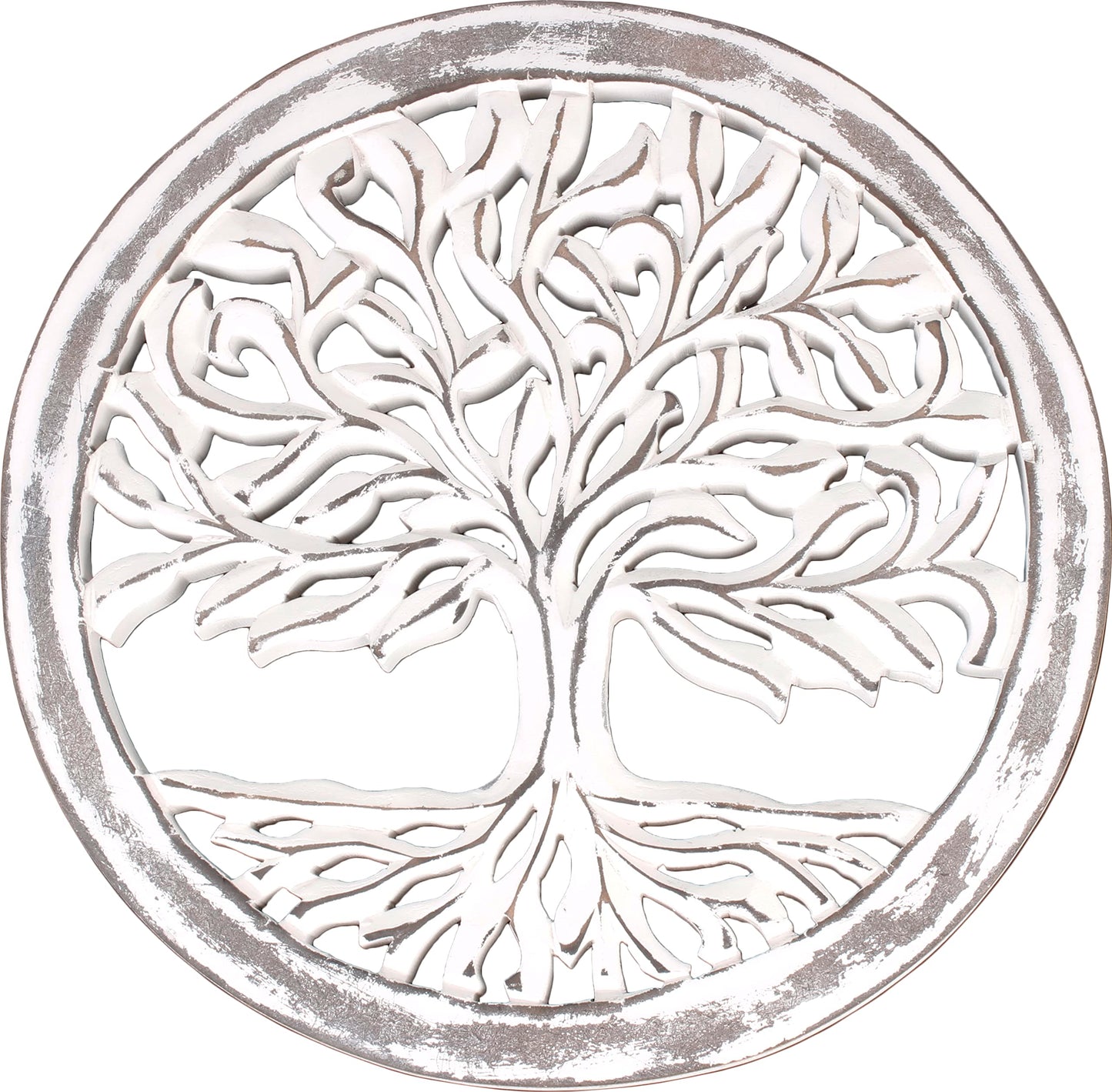 Wooden White Wash Tree of Life Wall Art Panel – 12 Inch Round Wood Carved Wall Hanging Sculpture | Indoor Outdoor Tree of Life Altar Panel Home & Office Wall Décor