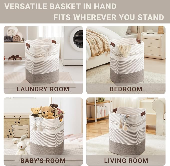 85L Tall Laundry Hamper with Handles for Living Room Storage, Extra Large Woven Rope Baskets Bin for Blanket, Kids Toy, Gifts, Wicker Hamper for Bedroom Dirty Clothes, 17"x14"x22" Dark Brown