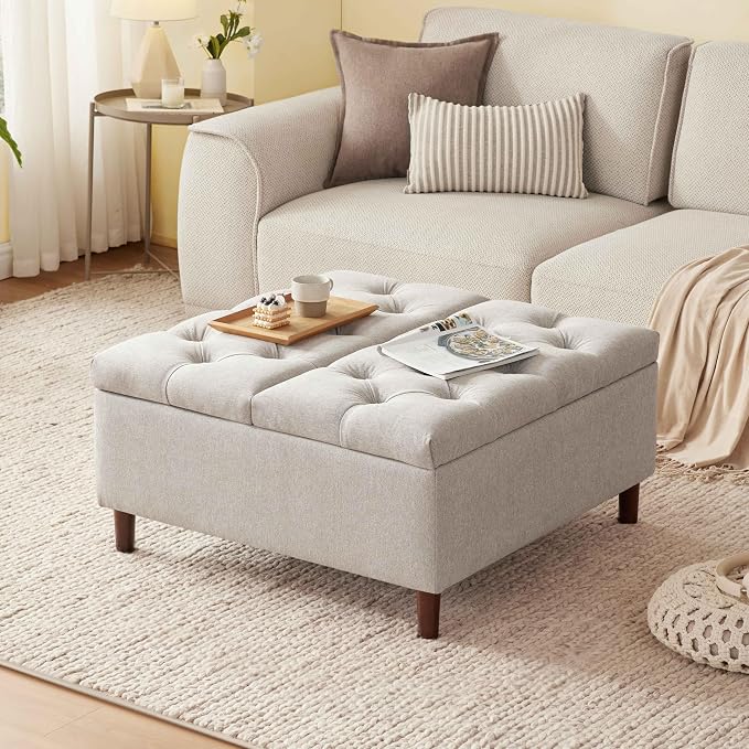 Weture 35 Inch Extra Large Storage Ottoman Coffee Table, No Assembly Required, Oversized Square Ottoman with Storage, Tufted Upholstered Ottomans Coffee Table for Living Room (Fabric, Light Grey)