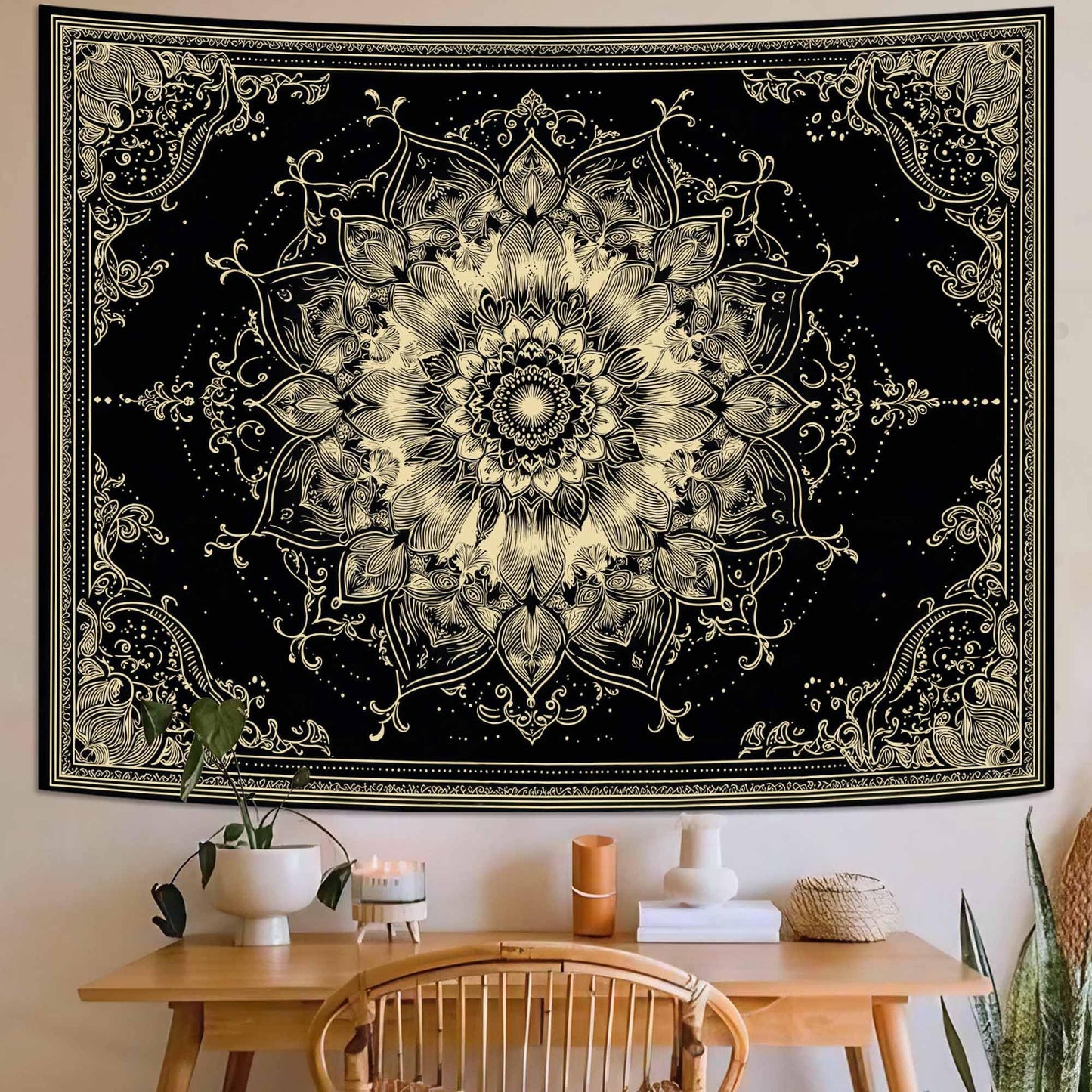 Wegklazax Golden Outline Mandala Tapestry, Intricate Floral Wall Art for Room Decor, Elegant Black and Gold Aesthetic Home Decor 60" L x 44" W