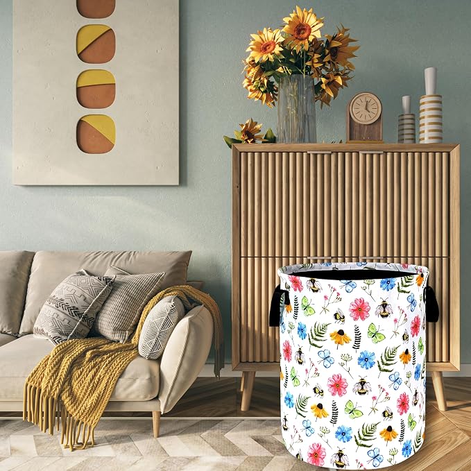 Cute Bee Floral Flowers Laundry Basket Foldable With Handles BeesTote Bag Oxford Cloth Colorful Laundry Hamper Clothes Storage Bucket Toy Organizer 18.9"x16.5" For Bathroom/Laundry/Bedroom
