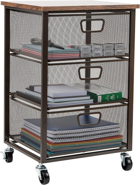 Mind Reader 3 Drawer Storage Organizer with Wood Top, Rolling Office Organizer Cabinet with Wheels, Office, Metal Mesh, Black