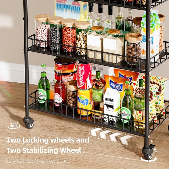 6-Tier Slim Storage Cart, Rolling Kitchen Cart with Wheels, Narrow Metal Shelf Organizer with Hooks for Kitchen, Bathroom, Living Room, Laundry, Small Spaces (Black, 10 in)