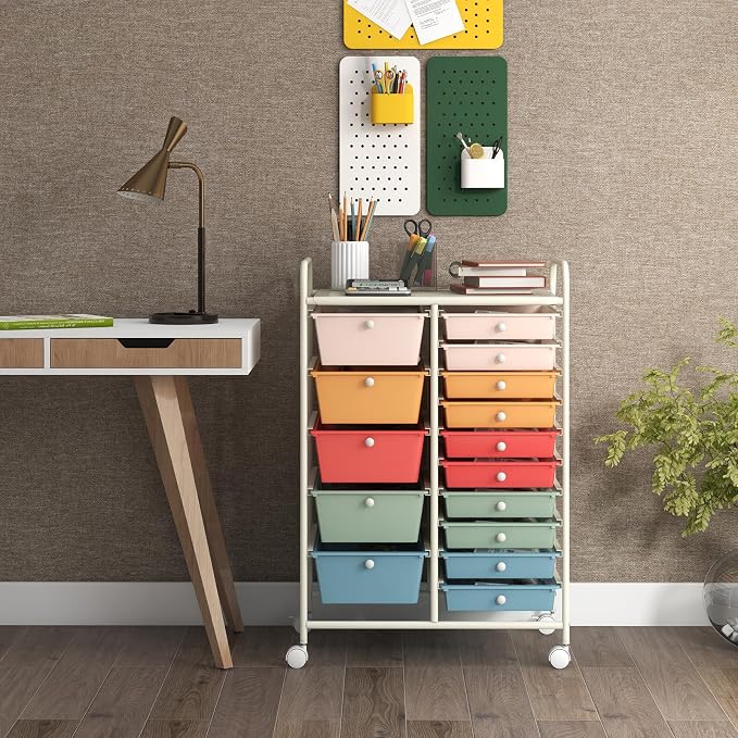 GOFLAME 15-Drawer Rolling Storage Cart, Craft Storage Cart with Removable Drawers & Lockable Wheels, Art Cart Supply Storage Organizer for Home Office Classroom, Macaron Color