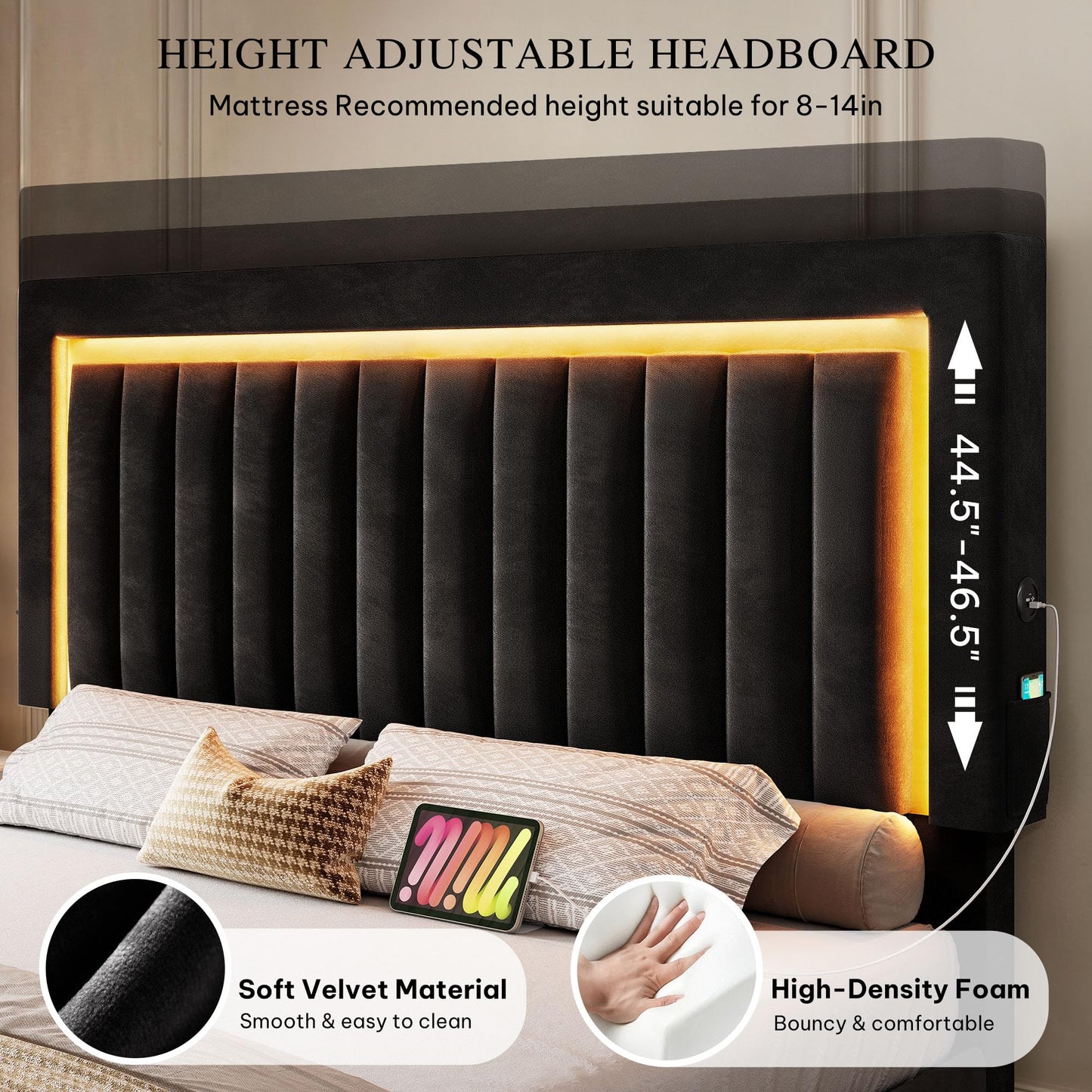 YITAHOME King Size Bed Frame with Velvet Vertical Tufted Upholstered Adjustable Headboard, 4 Storage Drawers, RGB LED Lights and USB Ports, No Box Spring Needed, Fast Assembly, Noise-Free, Black