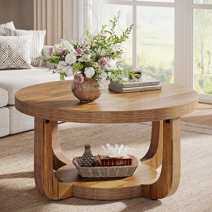 Tribesigns Round Coffee Table, 2-Tier Circle Coffee Table with Storage, Modern Wooden Accent Center Table for Living Room, Thick Tabletop & Base (Rustic Brown)