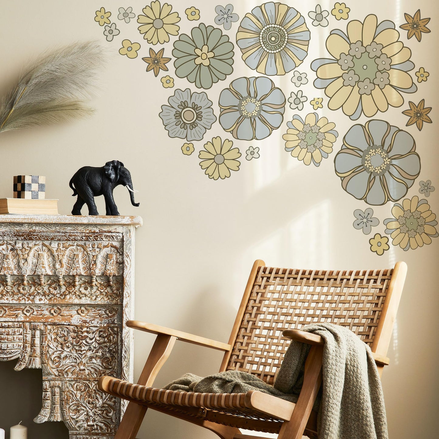 Boho Retro Flower Wall Decal - Retro Floral Decor Stickers,Peel and Stick Bohemian Style Flowers Decals for Kids Bedroom Nursery Playroom Living Room and Bedroom Wall Decorations