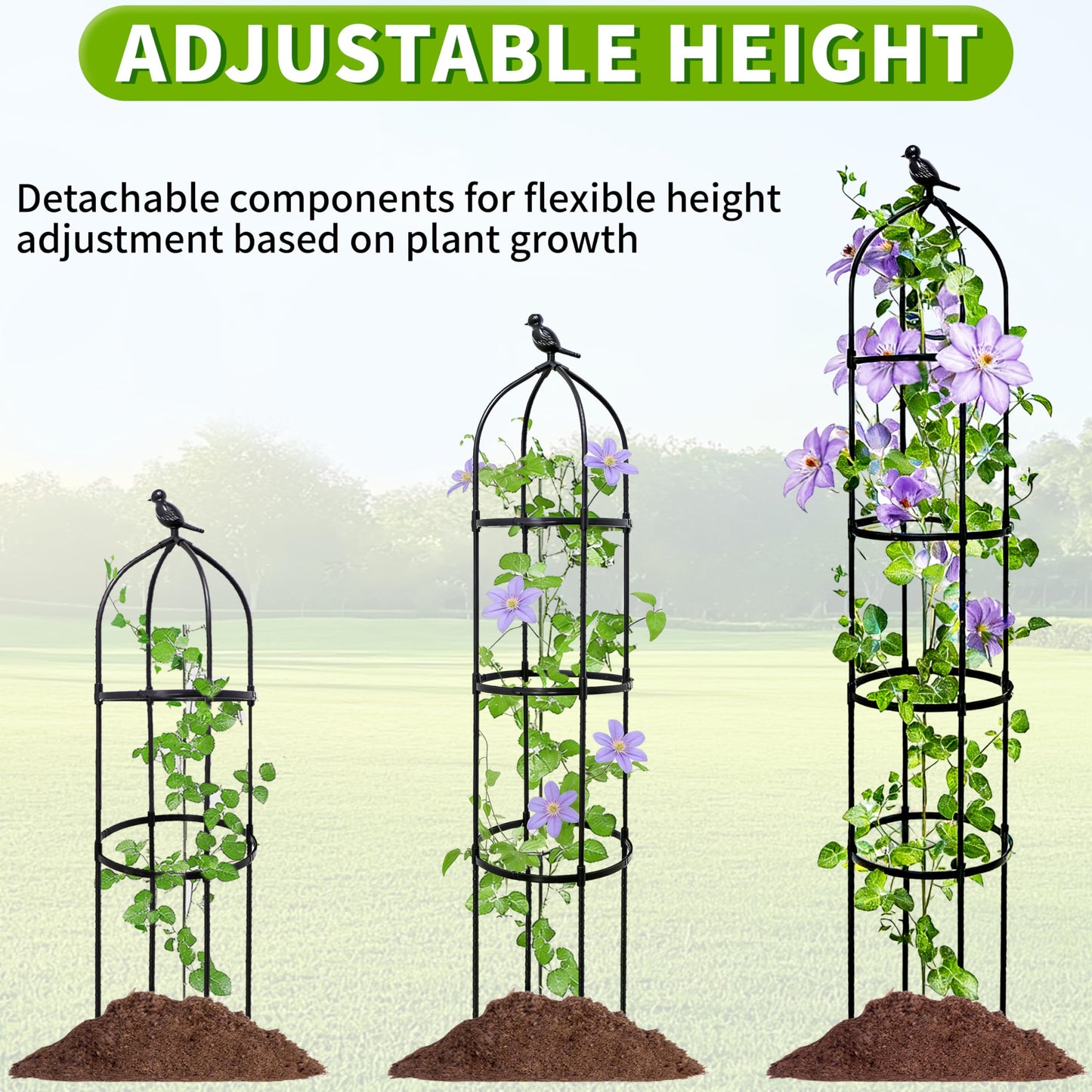 2-Pack 6FT Garden Obelisk Trellis for Climbing Plants,Adjustable 4-Tier Metal Plant Support,Rustproof Outdoor Plant Tower with 3 Decorative Tops for Roses,Tomatoes,Clematis & Vines,Black