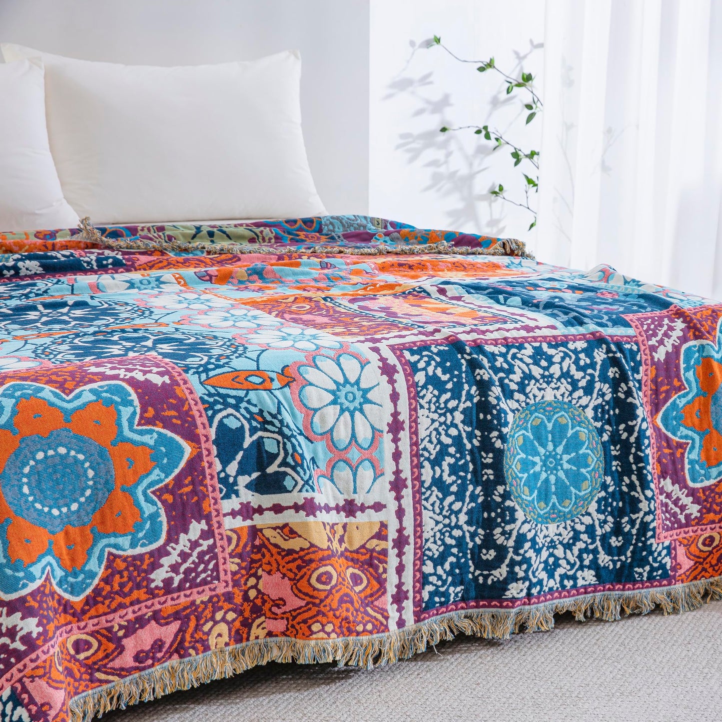 BRYALIX 100% Cotton Muslin Floral Bed Throw Blanket, Lightweight Muslin Quilt, Boho Farmhouse with Fringe, Blue Orange Pink Patchwork, Reversible Jacquard Blanket for Home, Picnic, Travel, 90"x98"