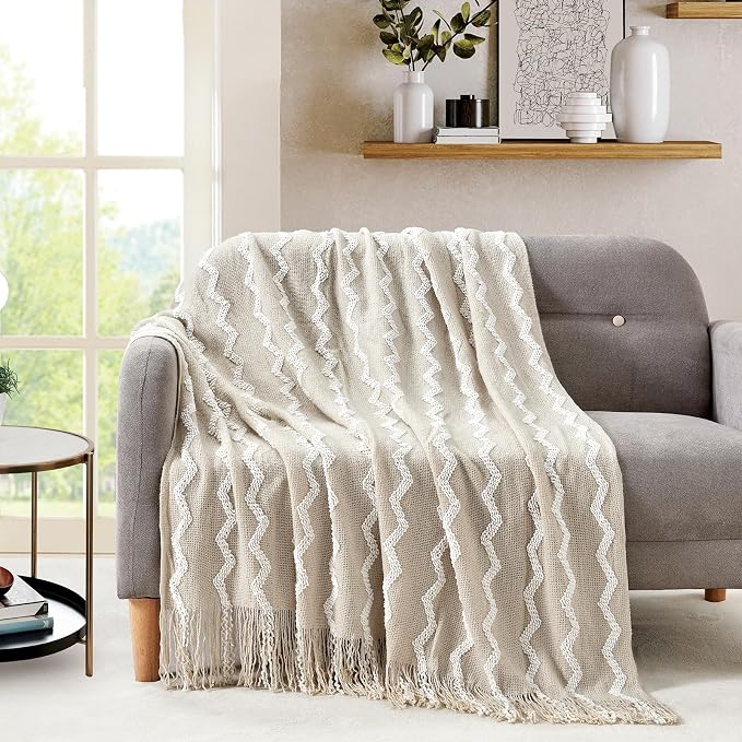 BOURINA Fluffy Chenille Knitted Fringe Throw Blanket Lightweight Soft Cozy for Bed Sofa Chair Throw Blankets, Beige 50" x 60"
