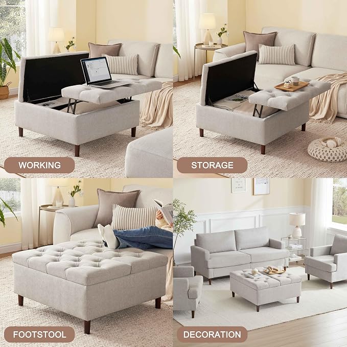 Weture 35 Inch Extra Large Storage Ottoman Coffee Table, No Assembly Required, Oversized Square Ottoman with Storage, Tufted Upholstered Ottomans Coffee Table for Living Room (Fabric, Light Grey)
