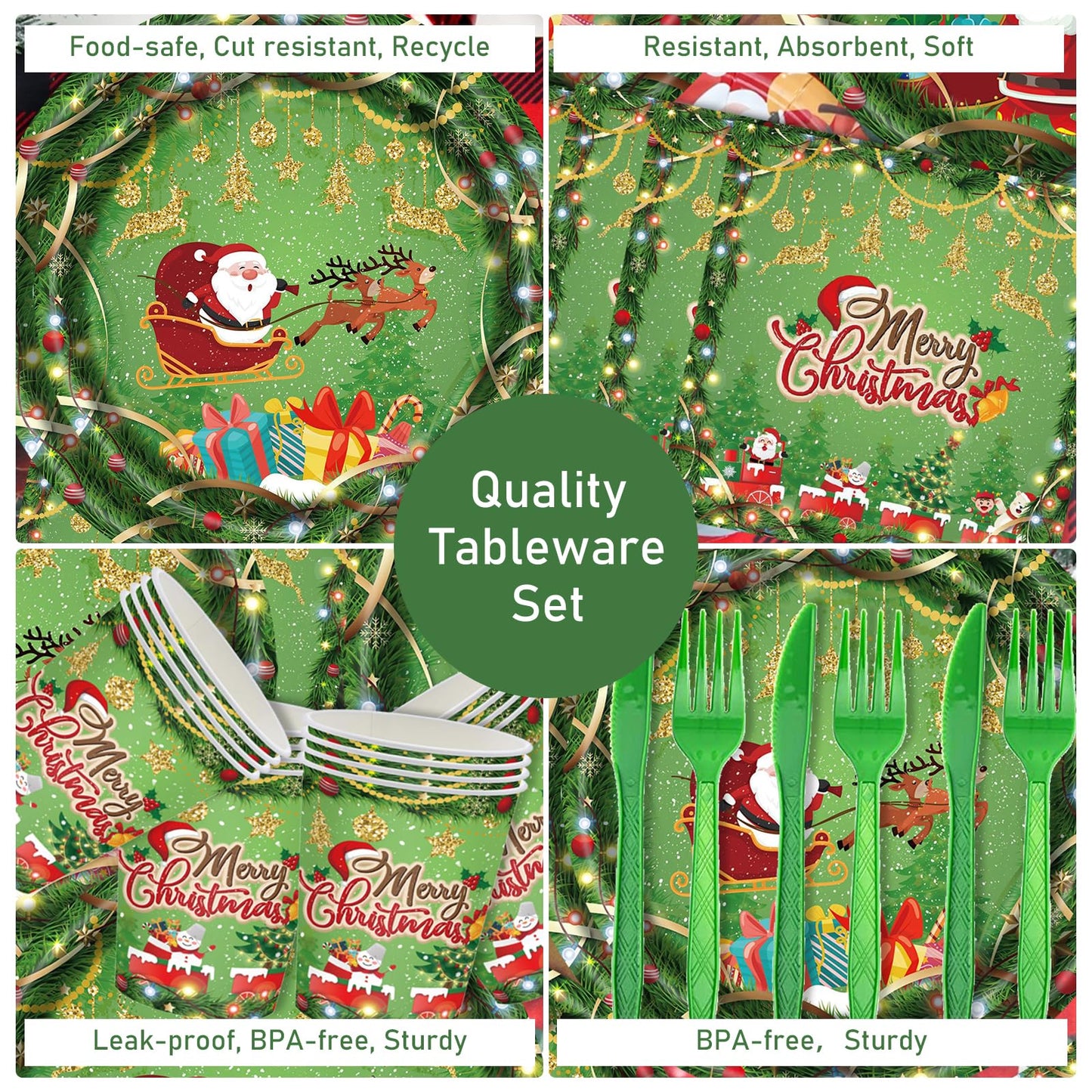168PCS Christmas Plates and Napkins, Cartoon Santa Claus Snowman Christmas Disposable Dinnerware Set Party Supplies, Green Holiday Paper Plates Napkins Cups Cutlery for Xmas Serves 24