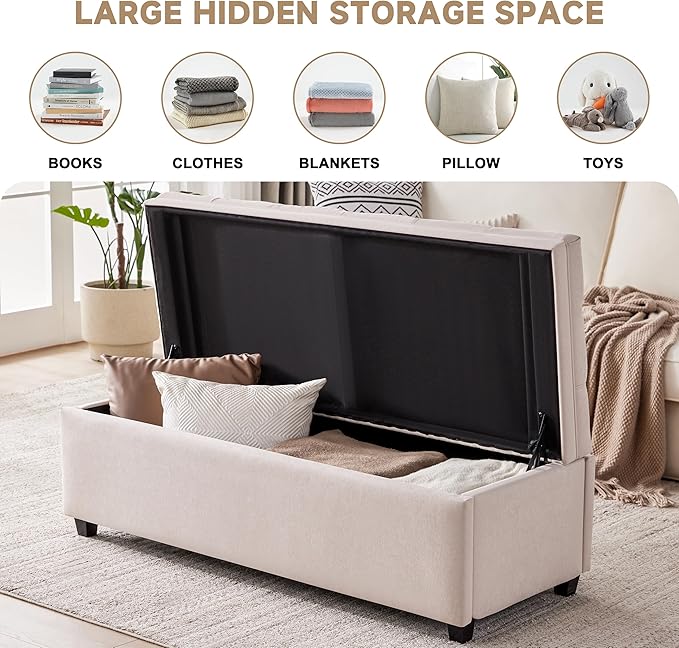 Mangodan 50" Storage Ottoman Bench, Tufted Ottoman with Storage for Living Room, Large End of Bed Ottomans, Modern Entryway Benchs, Window & Bedroom Benches for Foot of Bed (Beige)
