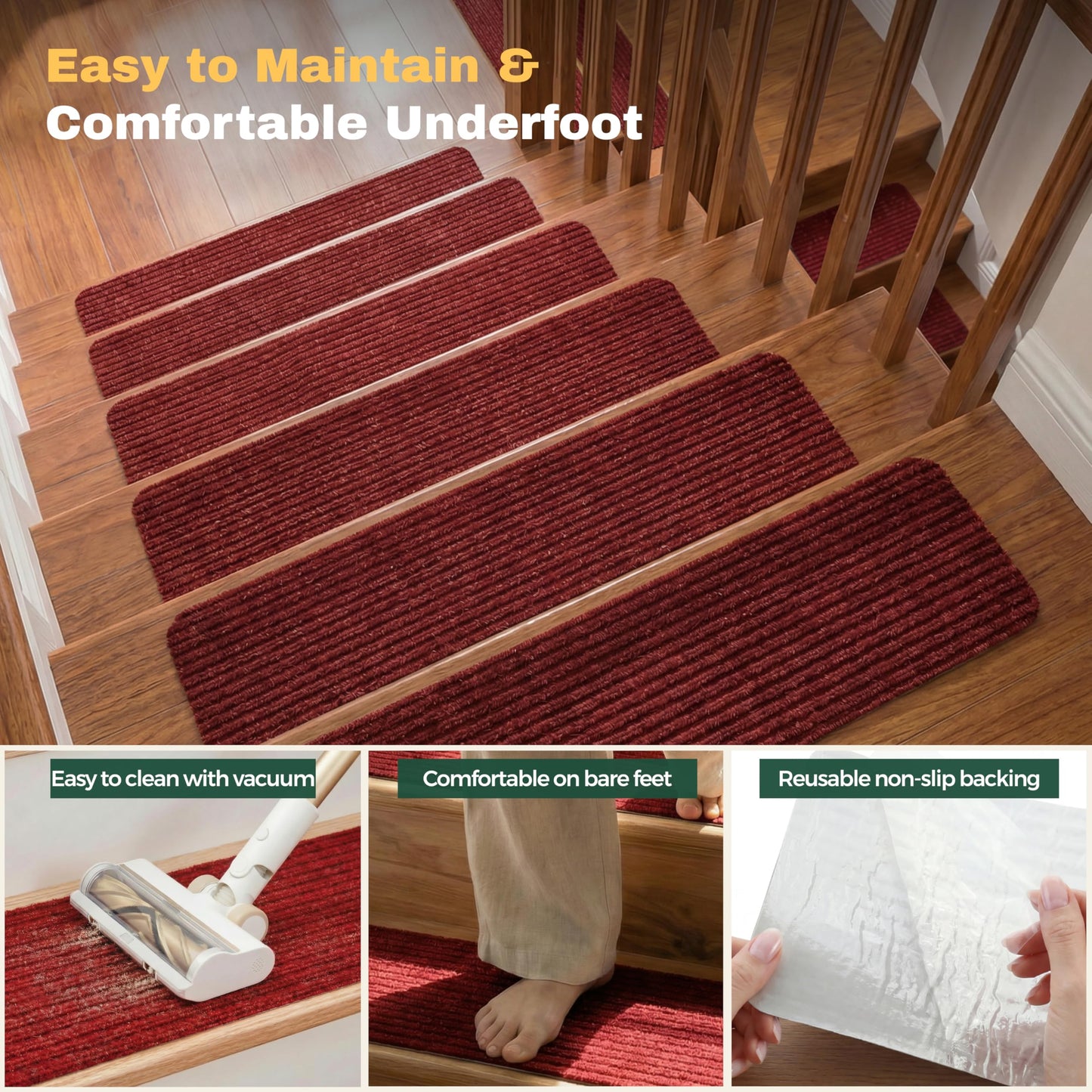 MBIGM 8" X 30" (15 in Pack) Non-Slip Carpet Stair Treads Non-Skid Safety Rug Slip Resistant Indoor Runner for Kids Elders & Pets w/Reusable Adhesive Red Anti-Slip Stair Strips - Washable Stair Treads