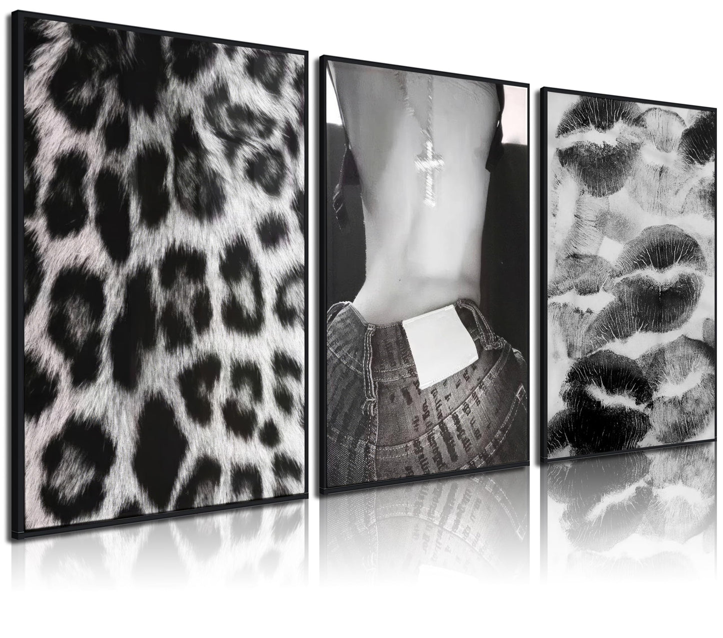 Set of 3 Fashion Chic Wall Art Kiss Lips Poster Leopard Picture Wall Decor Trendy Y2k Print Black and White Aesthetic Girly Room Decor for Bedroom Living Room Dorm Home Decoration Unframed 12"x16"