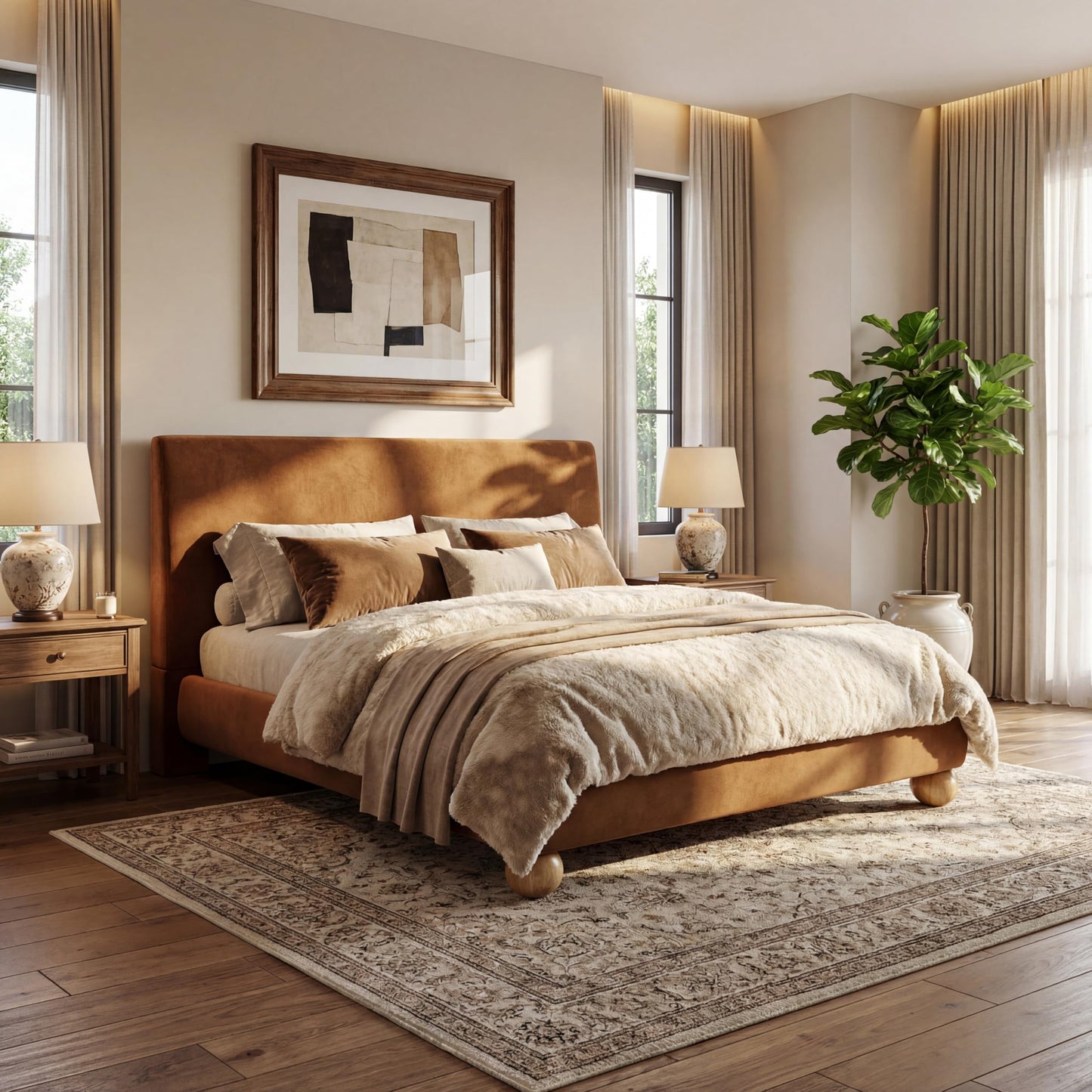 Christopher Knight Home Noko Velvet Upholstered Queen Bed Frame with Headboard, Platform Bed Frame Queen Size and Round Solid Wood Legs, Wooden Slats Support Bedframe, No Box Spring Needed, Brown
