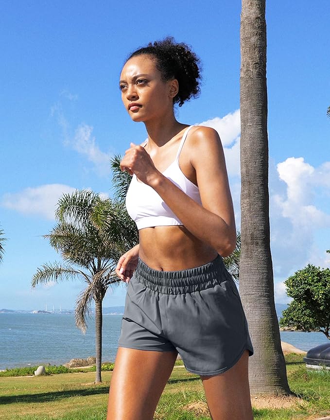 SANTINY Women's Running Shorts with Zip Pockets High Waisted Athletic Workout Gym Shorts for Women with Liner