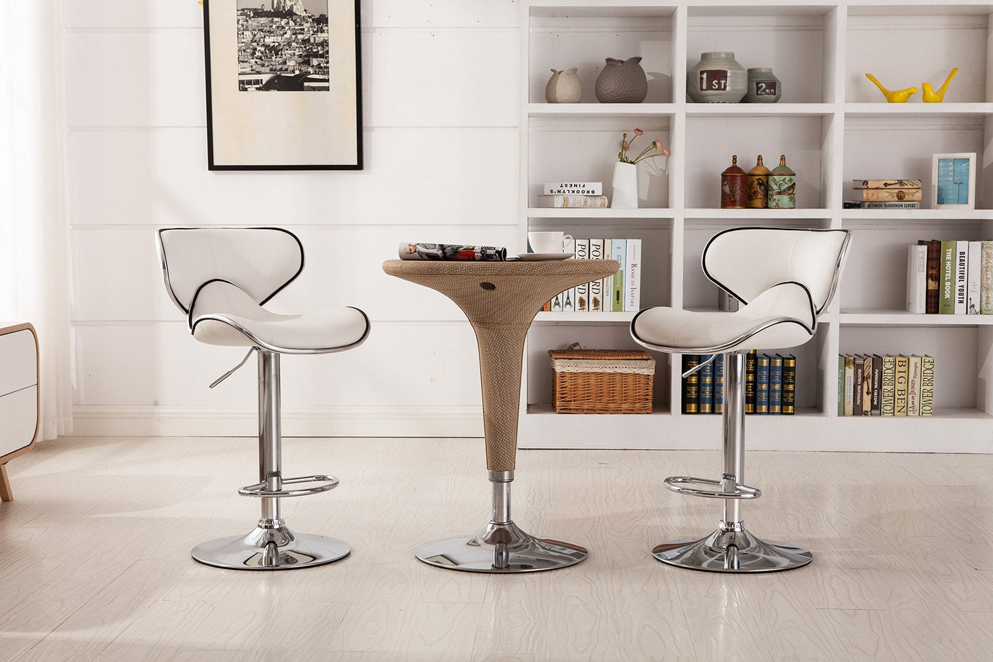 Roundhill Furniture Masaccio Cushioned Leatherette Upholstery Airlift Adjustable Swivel Barstool with Chrome Base, Set of 2, White