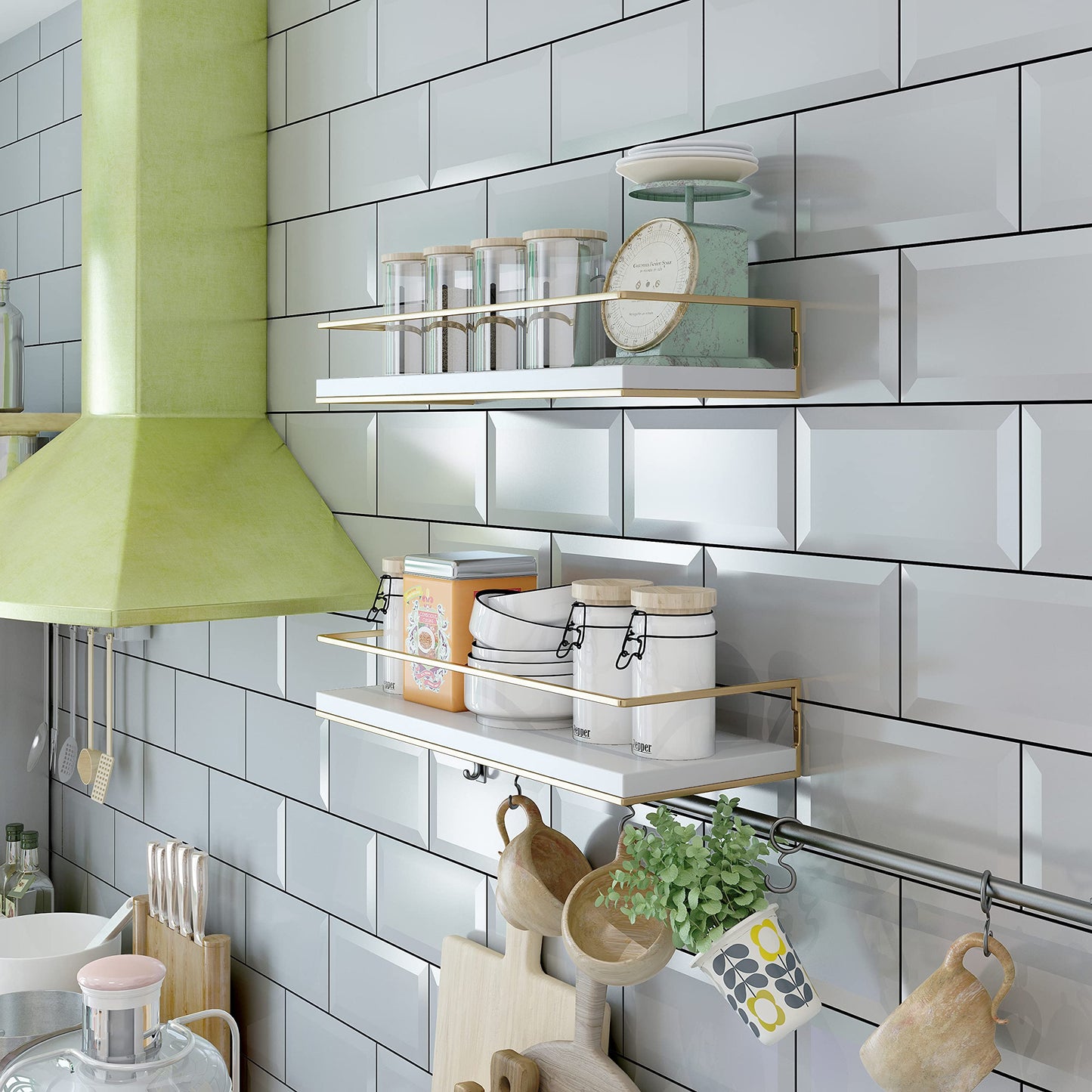 Shario White Floating Shelves - Set of 2, Wall Mounted Hanging Shelves with Golden Towel Rack, Decorative Storage Shelves for Bathroom, Kitchen, Living Room & Bedroom (White Gold, 15.7 Inches)