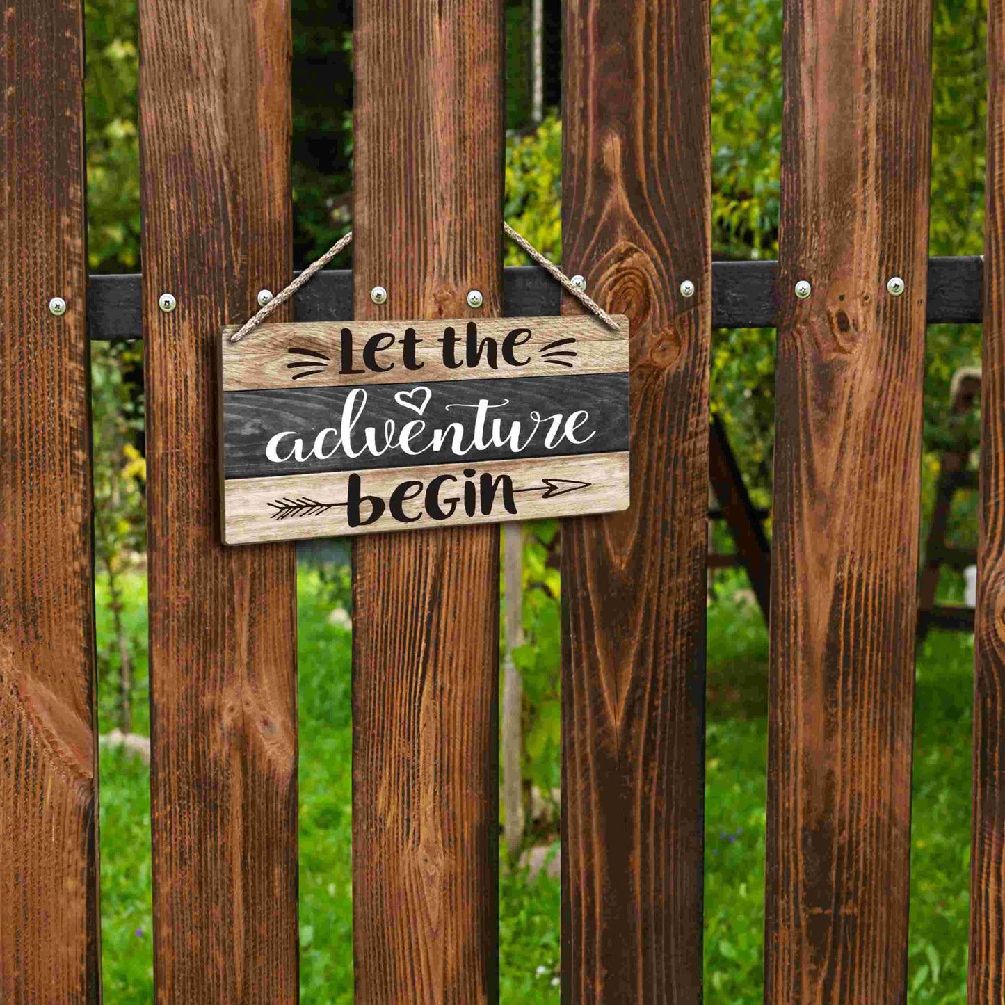 FUGWN Let the Adventure Begin Hanging Wooden Signs 12x6, Rustic Cabin Camper Home RV Wall Decor, Camping Lovers Home Decor Gifts for Camper Women Men