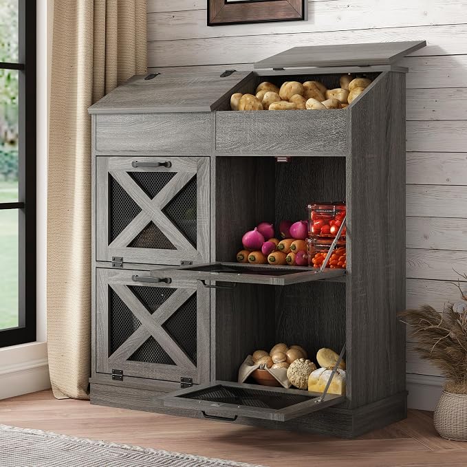 Potato And Onion Storage Bin with Lid,Veggie Bin W/6 Large Storage Box.Root Vegetable Storage Box For Kitchen,Farmhouse Potato Storage Bin W/4 Mesh Doors,Bread Keeper for Toast,Bagel,Donut,Cookies