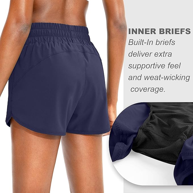 SANTINY Women's Running Shorts with Zip Pockets High Waisted Athletic Workout Gym Shorts for Women with Liner